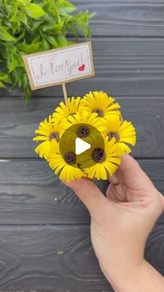 a person holding up a yellow flower in front of a sign that says i love you