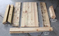 several pieces of wood sitting next to each other on top of a cement floor with words describing how they are made