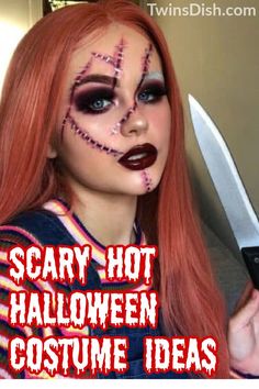 a woman with red hair and makeup is holding a knife in her hand while wearing scary makeup