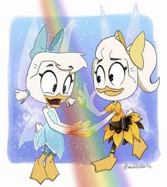 two cartoon birds standing next to each other in front of a rainbow and stars background