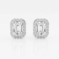 We can't keep these emerald stud earrings in stock. Styled with large emerald cut lab grown diamonds with a halo of round diamonds, these earrings are a true epitome of seductive glamor. Luxury Lab-grown Diamond Halo Earrings, Emerald Cut Earrings, Emerald Stud Earrings, Halo Diamond Earrings, Emerald Earrings Studs, Cut Earrings, Jeweled Earrings, Halo Earrings, Emerald Cut Diamonds