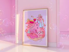 a pink room with bubbles floating in the air and a painting hanging on the wall