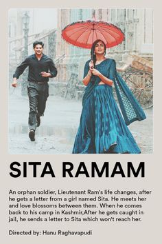 a man and woman walking in the rain with an umbrella over their heads, text reads sita ramam