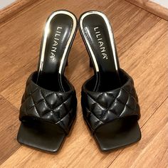 Liliana Quilted Heeled Mules. Size 7.5. New. Never Worn. Square Toe Synthetic Heels For Date Night, Synthetic Square Toe Heels For Date Night, Date Night Square Toe Synthetic Heels, Square Toe Heels With Padded Heel For Night Out, Black Cushioned Slip-on Mules, Luxury Leather Mules With 4-inch Heel, Elegant Black Mules With 4-inch Heel, Modern Black Mules With 4-inch Heel, Designer Black Mules With 4-inch Heel