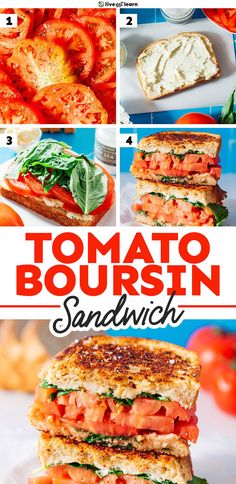 tomato and mozzarella sandwich with text overlay that says tomato bourstin sandwich