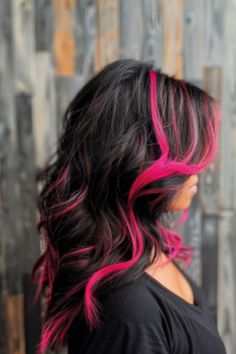 Guess what's making a comeback? 2000s chunky highlights but with a modern twist! Embrace this iconic hair trend and make it uniquely yours. Black Hair With Hot Pink Money Piece, Dark Brown Hair With Hot Pink Highlights, Chunky Hair Color, Hot Pink Peekaboo Hair, Brown Hair With Color, Black With Pink Highlights, Pink Highlights In Black Hair, Black Hair With Pink Highlights, Pink Chunky Highlights