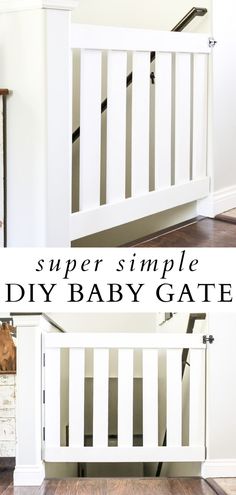 Simple white wooden DIY baby gate How To Make A Dog Gate For Stairs, Diy Indoor Gate Ideas, Homemade Stair Gate, Wooden Baby Gates For Stairs, Diy Pet Gate For Stairs, Diy Gate For Dogs, Dog Gates For Stairs Diy, Diy Half Door Ideas, Wooden Gate For Stairs