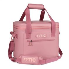 a pink cooler bag with the word rtic on it's front and side handles