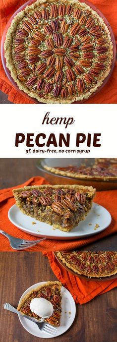 pecan pie on a white plate with a fork and orange napkin in the background