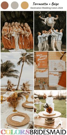 a collage of different wedding photos with text overlay that reads, terracotta + bag destination wedding colors 2013