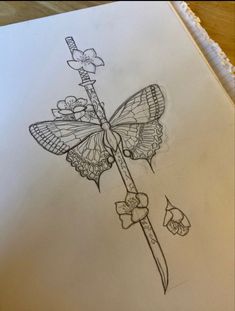 a pencil drawing of a butterfly on a flower