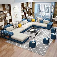 a living room with blue and white furniture