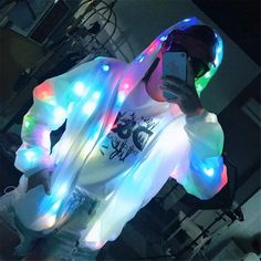 LED Lights Up Luminous Coat Hooded Men's Jacket Women DJ Girl Outwear Nightclub Led Jacket, Bar Music, Waterproof Led Lights, Party Jackets, Hooded Trench Coat, Nightclub Party, Christmas Party Outfits, Light Coat, Stage Costume