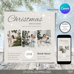 the christmas mini session flyer is displayed next to an iphone