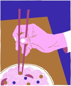 a hand holding chopsticks over a bowl of noodles on a purple and blue background