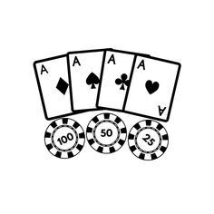 four playing cards and three poker chips with the number 50 on them, all in black and white