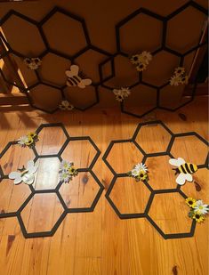 bees and honeycombs are arranged on the floor