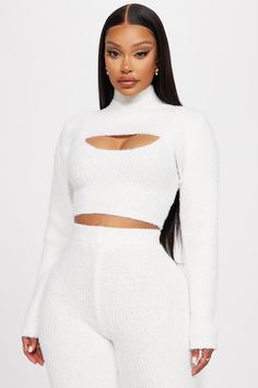 Available In Black, White, And Taupe. Cozy 3 Piece Pant Set Crop Top Bolero High Neck Long Sleeve Wide Let Pant Elastic Waistband Stretch 32" Inseam 80% Polyester 20% Nylon Imported | Feeling Cozy 3 Piece Pant Set in White size 1X by Fashion Nova 2 Piece Sets Black Women, Track Fits, Jodie Joe, Yodit Yemane, Sweater Sets, Fashion Nova Outfits, Chill Fits, High Neck Long Sleeve, Horse Photos