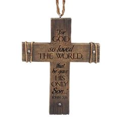 a wooden cross hanging from a rope with the words, i am god so loved the world