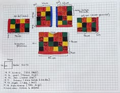 four pieces of colored legos are shown on a sheet of paper with graphing