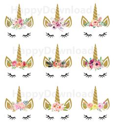 the unicorn face with flowers and leaves on it's forehead is shown in different colors