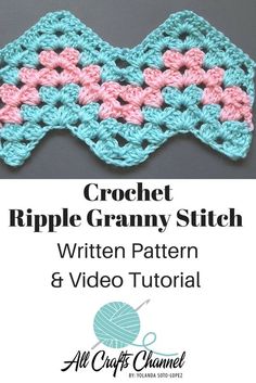 the crochet ripple granny stitch pattern is shown in pink, blue and white