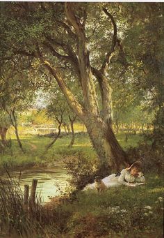 a painting of two people laying in the grass by a river under a large tree