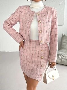 Button Front Plaid Pattern Skirt Set Stylish Long Sleeve - Temu Australia Rok Outfit, Split Hem Skirt, Miniskirt Outfits, Only Fashion, Skirt Pattern, Wool Jacket, Two Piece Outfit, Free Clothes, Skirt Outfits