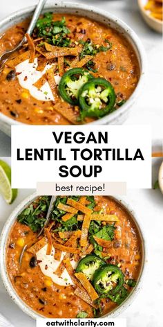 vegan lentil tortilla soup in two bowls with spoons and lime slices