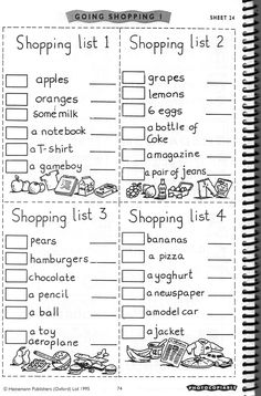 the shopping list is shown in this printable worksheet for students to use