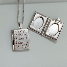 Introducing my Storybook Collection -  timeless lockets that tell your personal story. This locket is laser engraved with "Our Love Story" with a place to put two precious photos. This little book style locket is stainless steel with a stainless steel rounded box chain in your choice of length.  The locket hold two 8mm wide photos. You can personalize your locket with custom text laser engraving on the back and by adding one or two photos.   You may choose 1-4 short words, initials, or a date. A Book Locket Necklace, Book Pendant, Book Locket, Small Book, Locket Necklace, Bead Designs, Our Love, Custom Engraving, Locket