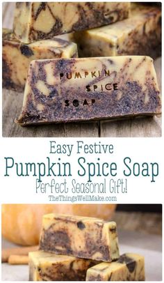 pumpkin spice soap bar with text overlay that reads easy festive pumpkin spice soap perfect, seasonal gift