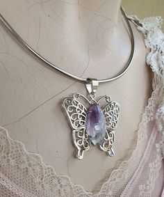 "Bold and beautiful filigree butterfly Amethyst  Stainless steel The butterfly measures 43 x43mm(1 3/4\") The price is for the pendant only..the neck cuff is additional. Pls contact me for a quote prior to purchase." Butterfly Turquoise, Star Goddess, Fairy Ring, Horseshoe Ring, Lucky Horseshoe, Victorian Vintage, Bold And Beautiful, Thumb Rings, Amethyst Pendant