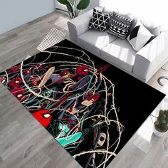 a living room area rug with spiderman and other cartoon characters on the floor in front of a couch