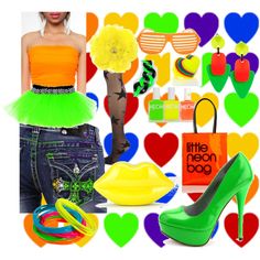 there is a woman wearing neon colored clothing and high heeled shoes next to heart shaped bags