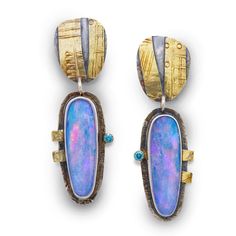 Gold, Silver & Stone Earrings - A striking matched pair of Australian Coober Pedy opal doublets take center stage in these one-of-a-kind earrings accented with faceted blue topaz.  Flashing pinks, oranges, reds and pale blues these are an unusual find! Set in sterling and 18k gold these post earrings are sure to dazzle through the festive holiday season.  Exclusive to Artful home and one-of-a-kind. Coober Pedy, Artful Home, Wall Sculpture Art, Festive Holiday, Center Stage, Stone Earrings, Holiday Festival, Blue Topaz, Post Earrings