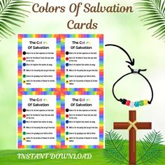 the colors of salvation cards are on display in front of a cross and palm tree