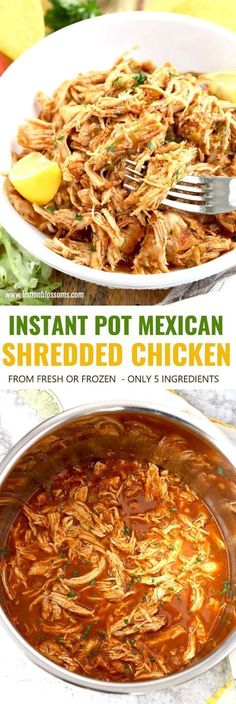 the instant pot mexican soup recipe is shown in two bowls, one with meat and another with