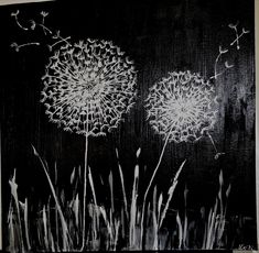 black and white painting of two dandelions on a dark background with grass in the foreground