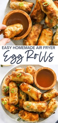 an egg roll with dipping sauce on top and the words easy homemade air fryer eggs rolls