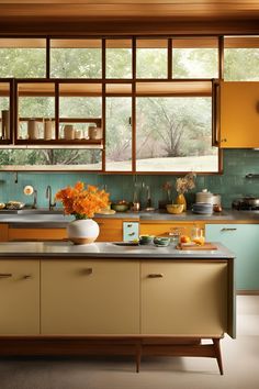 a kitchen filled with lots of counter top space next to a window covered in plants