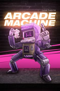 an image of a robot that is in front of a brick wall with the words arcade machine on it