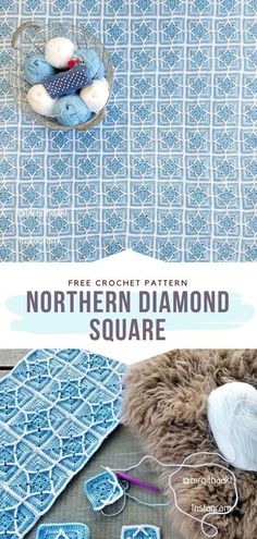 the crochet pattern for northern diamond square is shown in blue and white colors