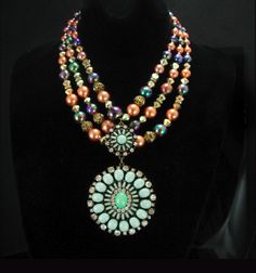 "This vintage three strand necklace with rhinestone rondells and richly colored beads was the perfect setting for this large and ornate faux turquoise and rhinestone double pendant. This is not a small lightweight pendant ( 4\" long) so be ready for drama and compliments! The large 40's choker or necklace measures from 14\" to 16 \" ( it has an extender letting you wear it as these lengths). It has a fish hook clasp that is original to it was well. The peacock color iridescent beads are really r Diy Jewelry Necklace Beads, Green Wedding Jewelry, Chunky Pearl Necklace, Three Strand Necklace, Vintage Friends, Hip Hop Bling, Chunky Pearls, Necklace Gothic, Beaded Chandelier