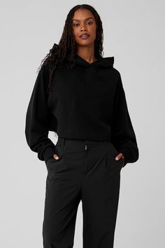 A cute and comfy counterpart to your high-waisted favorites, the Bae Hoodie has a relaxed fit, long scrunchable sleeves, ribbed cuffs and a slightly cropped ribbed hem that highlights the natural waist. The pocketless design is streamlined and bulk-free, and the French terry is an absolute pleasure to pull on: smooth on outside and fleecy on the inside. Fall Ribbed Hoodie Athleisure Style, Ribbed Athleisure Hoodie For Fall, Oversized Cropped Hoodie For Fall, Alo Yoga Fall Hoodie With Ribbed Cuffs, Alo Yoga Sweatshirt With Drawstring Hood For Fall, Alo Yoga Fall Sweatshirt With Drawstring Hood, Alo Yoga Relaxed Fit Hoodie With Ribbed Cuffs, Casual Alo Yoga Hoodie For Fall, Alo Yoga Casual Fall Hoodie