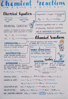 the chemical reactions worksheet is shown in blue and white ink on a piece of paper