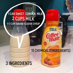 a bottle of coffee creamer with only three ingredients on the top and below it