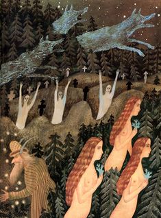 an image of three women in the woods with birds flying above them and trees on either side