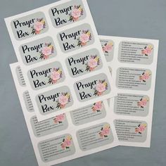 prayer box stickers with pink roses on them and the words prayer box written in black ink