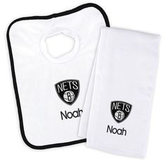 Personalized Brooklyn Nets Bib and Burp Cloth Set - Designs by Chad & Jake Yankees Baby, Personalized Bibs, Baby Gift Basket, Burp Cloth Set, Brooklyn Nets, Baby Comforter, Milwaukee Brewers, Baby Head, Burp Cloth